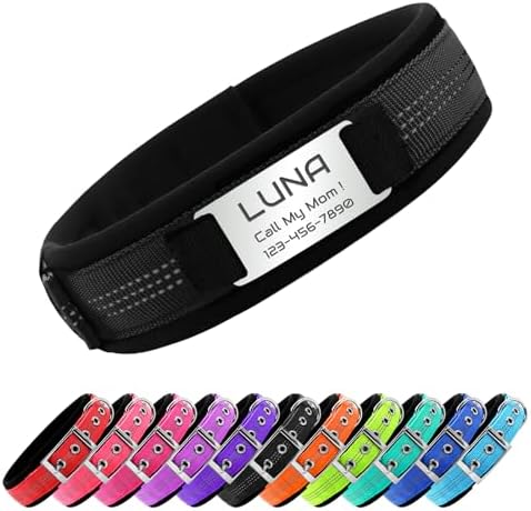 Reflective Personalized Dog Collar with Name Tag，Black：L