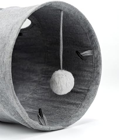 lionto cat Tunnel with Play Ball, 11,8x27,6 in, Foldable Expandable Play Tunnel Made of Easy-Care Faux Linen Material for Cats, Robust cat Toy, 11,8 in Diameter