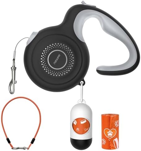 16Ft Retractable Dog Leash with Chew-Proof Steel Cable, 360° Tangle-Free, Built-in Poop Bag Dispenser, Ergonomic Comfort Grip Handle for Medium Large Dogs Up to 130lbs
