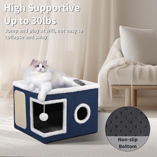 Shikha Cat House Bed for Indoor Cats with Fluffy Ball and Scratch Pad Blue