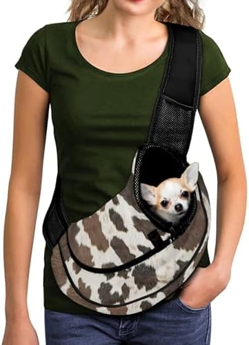 Brown Cow Print Pet Sling Carrier Small Dog Cat Sling Pet Carrier Bag Adjustable Pouch Tote Handbag for Small Pets Comfortable Single Shoulder Carrier for Travel Walk