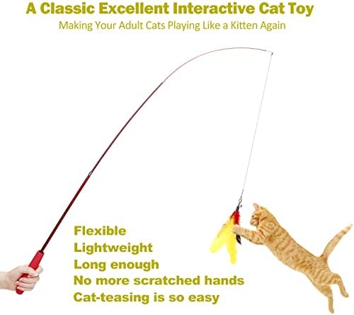 Qpets® Cat Toys Set of 11 Cat Teaser Wand Toy with 2 Retractable Teaser Wand, 5 Feather Teaser Toy, 4 Worm Teaser Cat Toy Interactive Cat Toy Wand Kitten Toys for Indoor Cats to Play Chase Exercise