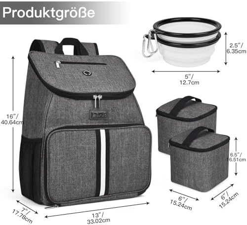 BAGLHER丨Dog Travel Bag, Airline Approved Pet Supplies Backpack, Dog Travel Backpack Accessories Set with 2 Silicone Collapsible Bowls and 2 Food Baskets, Gray