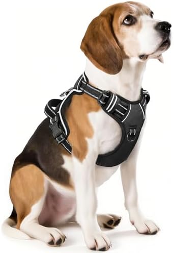 HEELE Dog Harness, No Pull Adjustable Padded Reflective Harness for Small Medium Large Dogs with Handle for Walking Training, Black, M
