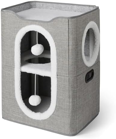Amazon Basics 2-Cube Cat House with Sisal Scratch Pad and Dangle Toy, Grey