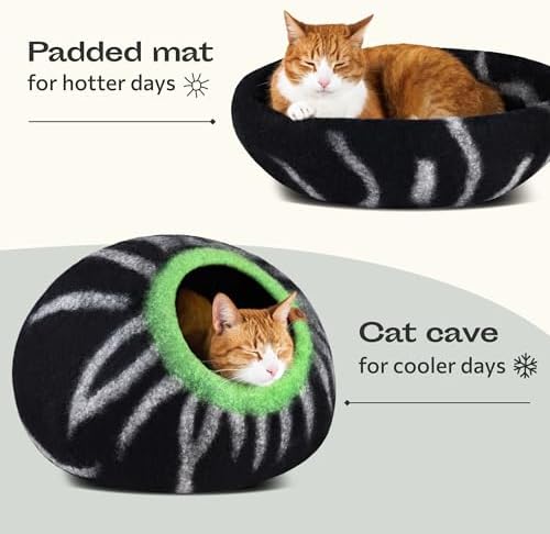 MEOWFIA Cat Cave - Merino Wool Bed for Indoor Cats (Shining Tiger, Large)