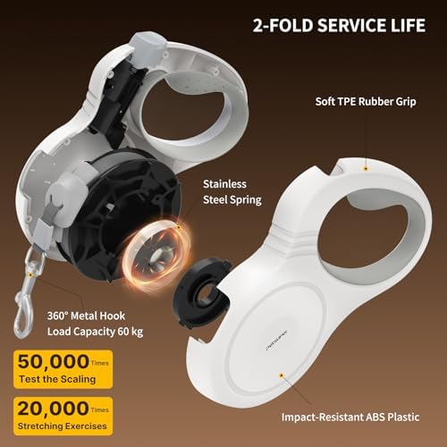 16Ft Retractable Dog Leash, One-Hand Brake Lock, 360° Tangle-Free Swivel, Sturdy Nylon Tape, Ergonomic Grip Handle for Small Medium Large Dogs (White)