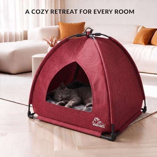 Winsterch Red Cat Tent Covered Pet House for Indoor Cats， Washable Cushion