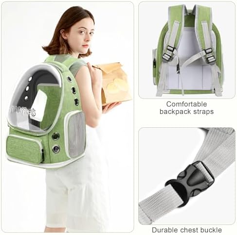 Cat Bubble Backpack Carrier, Expandable Breathable Pet Backpack for Cats Dogs Up to 20 lbs, Airline Approved Foldable Transparent Travel Carrier for Small Pets, Green