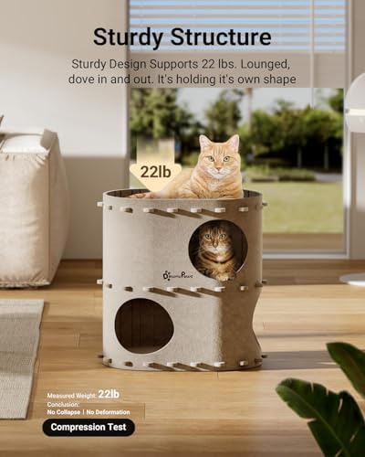 DownyPaws Cat House for Indoor Cats, 2-Storey Cat Bed Cave, Cream