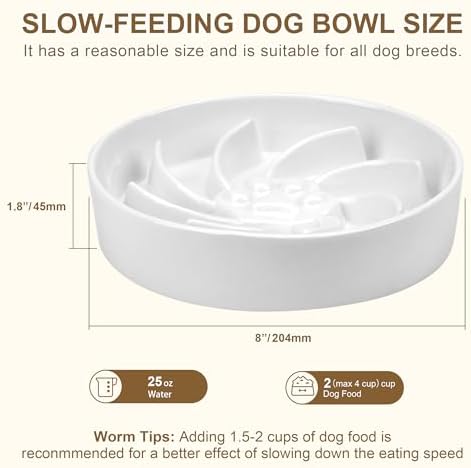 Ceramic Slow Feeder Dog Bowl, 3 Cup Dog Food or 25oz Water, Slow Eating Bowl for Middle Breed, Maze Puzzle Feeder for Fast Eaters, Anti-Choking Stop Bloat, Non-Slip BPA Free (White)