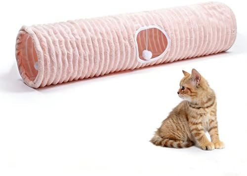 FORMYCATIE Luxurious Cat Tunnel,43" Straight Cat Tunnel Toys with Balls for Indoor,Collapsible Peekaboo Cave for Kitten（Pink Stripe）