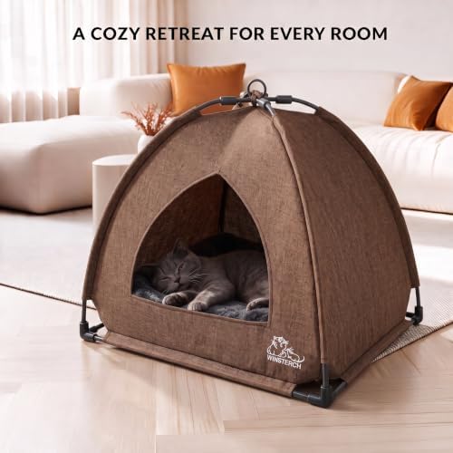 Winsterch Brown Cat Tent Covered Pet House for Indoor Cats Washable Cushion