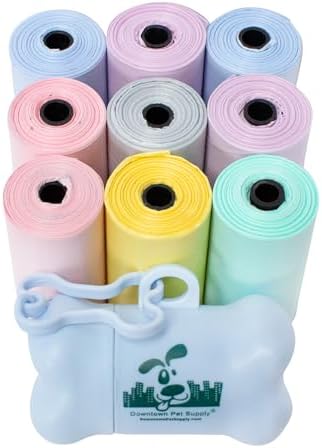 Downtown Pet Supply Unscented Poop Bags for Dogs with Dispenser, 180 Count - Leak-Proof Dog Waste Bags and Bone-Shaped Dog Poop Bags Holder for Leash - Pastel Rainbow, 12.5" x 8.5"