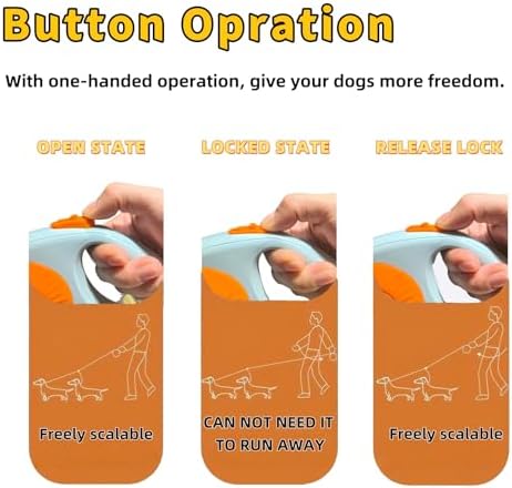 Double Dog Leash for Walking 2 Small Dogs (Up to 33 Lbs Each), Dual Retractable 9.8ft Extendable Strong Nylon Tape Pet Leash with Poop Bags, One-Handed Brake, Pause, Lock (Orange)