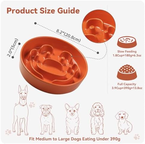 Ceramic Slow Feeder Dog Bowl, 1.8 Cups Anti -Slip Slow Feeding Bowl to Slow Down Eating, 8.2 Inch Dog Food Dish for Medium to Large Breeds, Orange