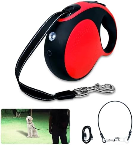 Retractable Dog Leash with LED Light Rechargeable,16Ft Heavy Duty Dog Leash for Medium Large Dogs up to 110lbs,360°No Tangle,One-Handed Brake,Pause,Lock(Red)