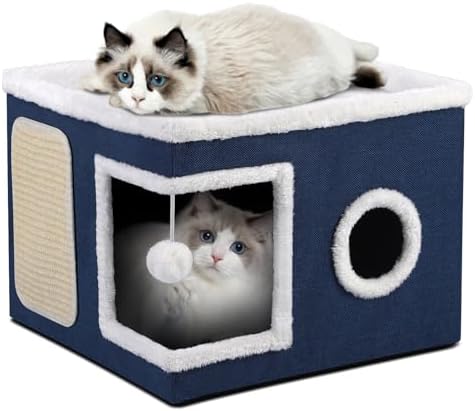 Shikha Cat House Bed for Indoor Cats with Fluffy Ball and Scratch Pad Blue