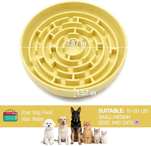 Silicone Slow Feeder Dog Bowls, with Non-Slip Suction Cups, Anti-Choking, Puppy Puzzle Bowl, Slows Down Eating Speed, Relieves Anxiety, Suitable for S&M Sized Dogs and Cats(Yellow