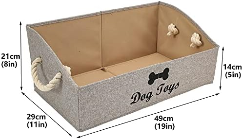 Geyecete Large Dog Toys Storage Bins - Foldable linen Trapezoid Organizer Boxes with weave Rope Handle, Collapsible Basket for Shelves (Light Brown-DOG)