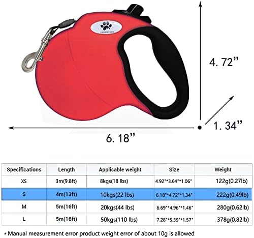 13ft Retractable Dog Leash for Small Breed Dogs up to 22 lbs with a Detachable Chew Proof Extender Wire Ropes (RED S)