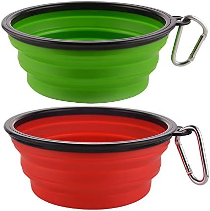 Guardians Large Collapsible Dog Bowls, 34oz Travel Water Food Bowls Portable Foldable Collapse Dishes with Carabiner Clip, 2 Pack (Green+Red)
