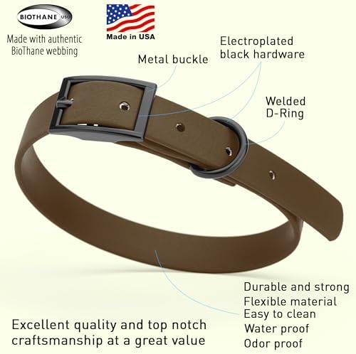 Dogline Biothane Waterproof Dog Collar Strong Coated Nylon Webbing with Black Hardware Odor- Proof for Easy Care Easy to Clean High Performance Fits Small Medium or Large Dogs, Dark Chocolate Brown
