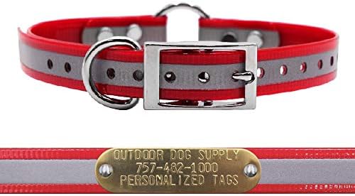 Reflective Waterproof D & Center Ring Dog Collar w Custom Name Tag, Red