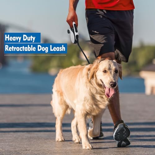 26Ft Retractable Dog Leash with Chew Proof Cable,Heavy Duty Dog Leash with Removable Poop Bags for Medium Large Dogs up to 110lbs,Strong Nylon Tape No Tangle,One-Handed Brake (White)