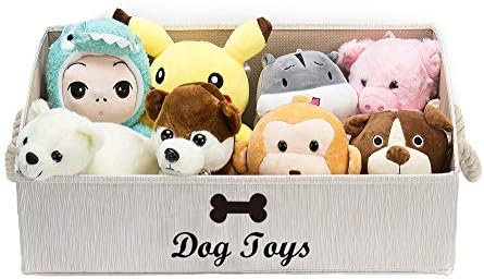 Geyecete Large Dog Toys Storage Bins-Foldable Fabric Trapezoid Organizer Boxes with Weave Rope Handle,Collapsible Basket for Shelves,Dog Apparel(Beige-Dog)