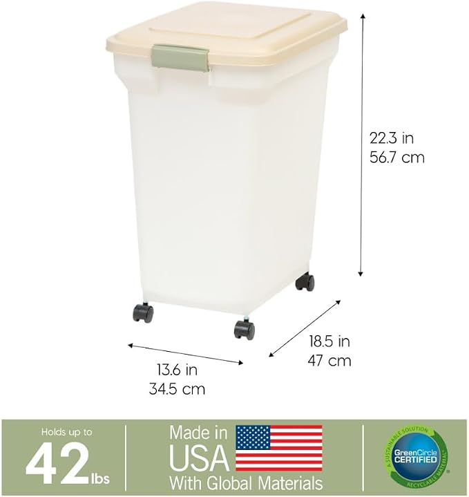 IRIS USA Dog Food Storage Container, Up to 40lbs, Almond/Pearl, Made in USA | Wheels for Mobility, Airtight Seal, BPA-Free, Best for Bird Seed, Cat food, Cat Litter, Chicken Feed, Pellets