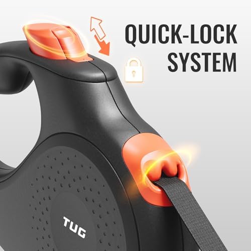 TUG 360° Tangle-Free Retractable Dog Leash | 16 ft Strong Nylon Tape (Small, Black/Orange)