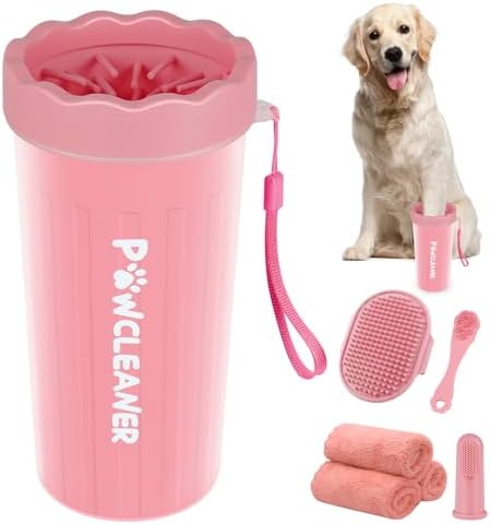 Professional 7 in 1 Dog Paw Cleaner for Dogs - Includes 1 Portable Paw Washer, 1 Bath Brush, 2 Dog Toothbrushes and 3 Absorbent Towels Note: Fits Paws 2.5 to 3.5 Inches Wide (Large, Light Pink)
