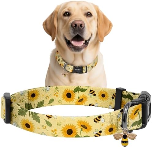 Kazazoo Dog Collar Cute and Soft Nylon Puppy Collar for Boy and Girl Dogs, Adjustable Dog Collars for Large Dogs, Bees and Sunflowers-L