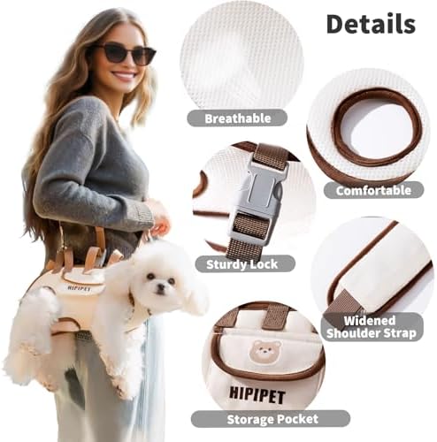 PETCUTE 4-in-1 Dog Carrier Sling,Adjustable Puppy Carriers with Storage Pocket, Hand-Free Dog Sling Carrier for Carry Small Dogs and Cats,Legs Out Pet Travel Safety Harness,Beige+Brown,S