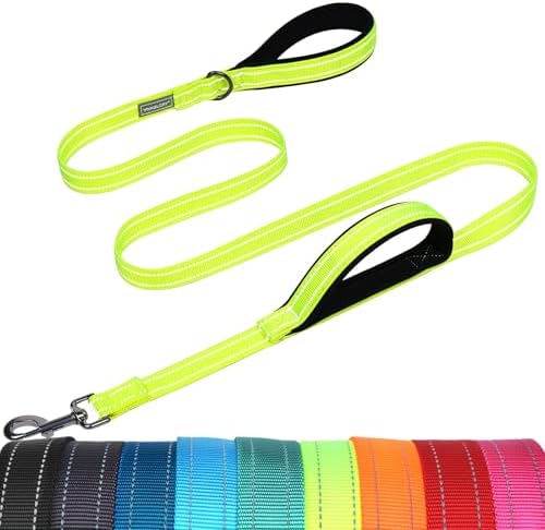 VIVAGLORY Double Handle Dog Leash Twingrip, 6ft x 1in, Neon Yellow