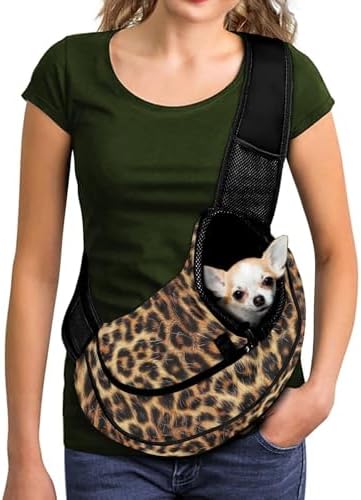 Leopard Print Puppy Sling Bag Pet Sling Carrier Small Dog Puppy Cat Carrying Bag Pouch Breathable Hiking Front Backpack Chest Pet Holder Backpack