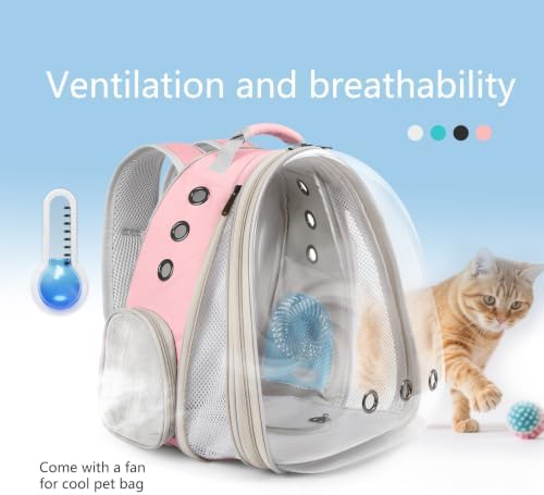 Cat Backpack Carrier with Fan, Space Capsule Astronaut Clear Bubble Front Extension to Carry Transport Cat Small Puppy Bunny, 20 Pounds Cat Bookbag (Pink, Gen 1 + Fan)