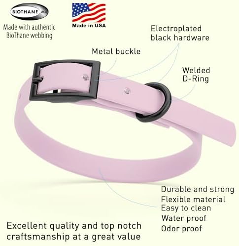 Dogline Biothane Waterproof Dog Collar Strong Coated Nylon Webbing with Black Hardware Odor- Proof for Easy Care Easy to Clean High Performance Fits Small Medium or Large Dogs, Pastel Purple