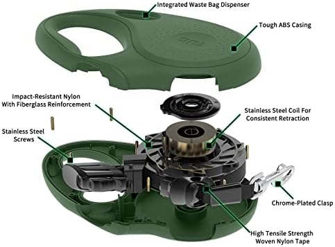 TUG Oval 360° Tangle-Free Retractable Dog Leash with Integrated Waste Bag Dispenser (Large, Green)
