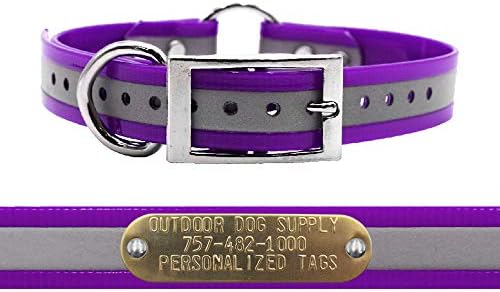 Reflective Waterproof D & Center Ring Dog Collar w Custom Name Tag, Purple