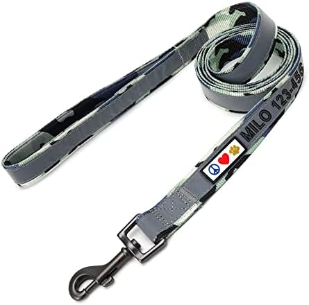 Pawtitas Personalized Camo Grey Dog Leash 6 ft Custom ID Lead for Dogs & Puppies Reflective Comfortable Padded Handle Embroidered Name & Phone Number