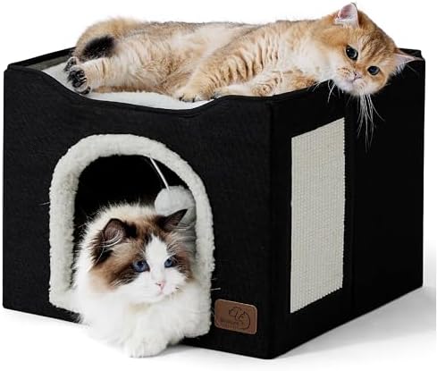 Bedsure Cat House Bed for Indoor Cats with Fluffy Ball and Scratch Pad