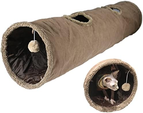 Cat Tunnel for Indoor Cats, 51×12 inch Foldable Big Cat Tunnel, Brown Suede Pet Tunnels with Two Peepholes and a Bubble Ball