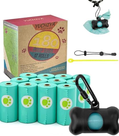 Dog Poop Pickup Bags Holder Dispenser with Standard-Sized Leak-Proof Scented Doggy Waste Bags and Carabiner with Safety Lock&Fastener Never Loose on Leash Lead Again (1 Holder 195 Bags, Black)