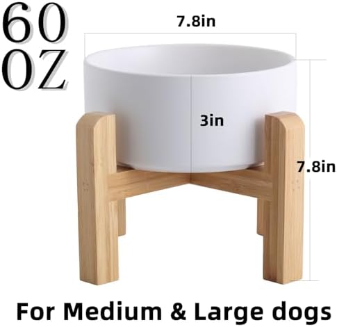 Elevated/Raised Ceramic Dog Bowl with Bamboo Stand,8 inch 7.6 Cups Non-Slip Heavy-Weighted Single Pet Dish,Reduces Neck Strain White