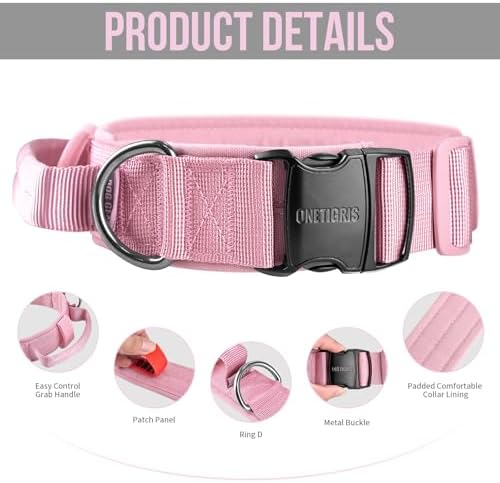 OneTigris Heavy Duty Dog Collar for Large Dogs with Traffic Handle Pink L
