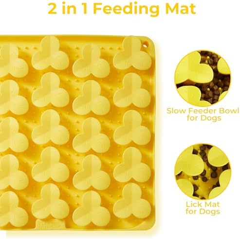 Puzzle Feeder Snuffle Mat for Dogs, Lick Mat to Slow Down Eating, Puzzle Toys for Large and Medium Breed Dogs, Silicone Bowls for Dry, Wet, Raw Food, Yellow