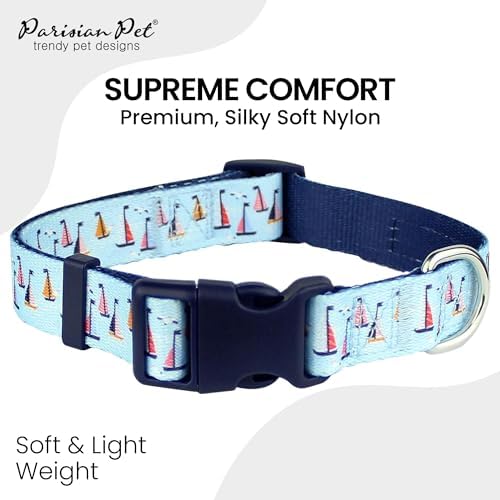 Parisian Pet Blue Sailboat Dog Collar - Adjustable Nautical Pet Collar with Secure Buckle and Metal D-Ring - Comfortable Designer Puppy Collars - Durable Nylon Dog Collars for Small Dogs