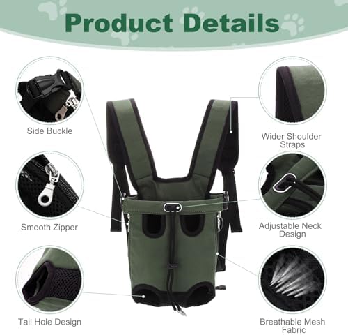 Front Pet Carrier Backpack for Small Dogs and Cats Up to 8.8-15.4 lbs, Adjustable Breathable Dog Carrying Backpack, Large, (Green, 1 Pcs) Intended for Hiking/Camping/Traveling